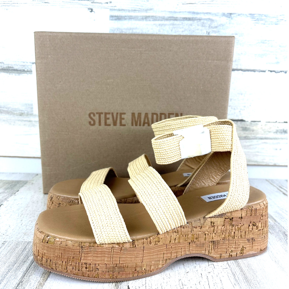 Steve Madden Womens 9 Tan Sashes Raffia Wedge Sandals Platform Open Toe NWT